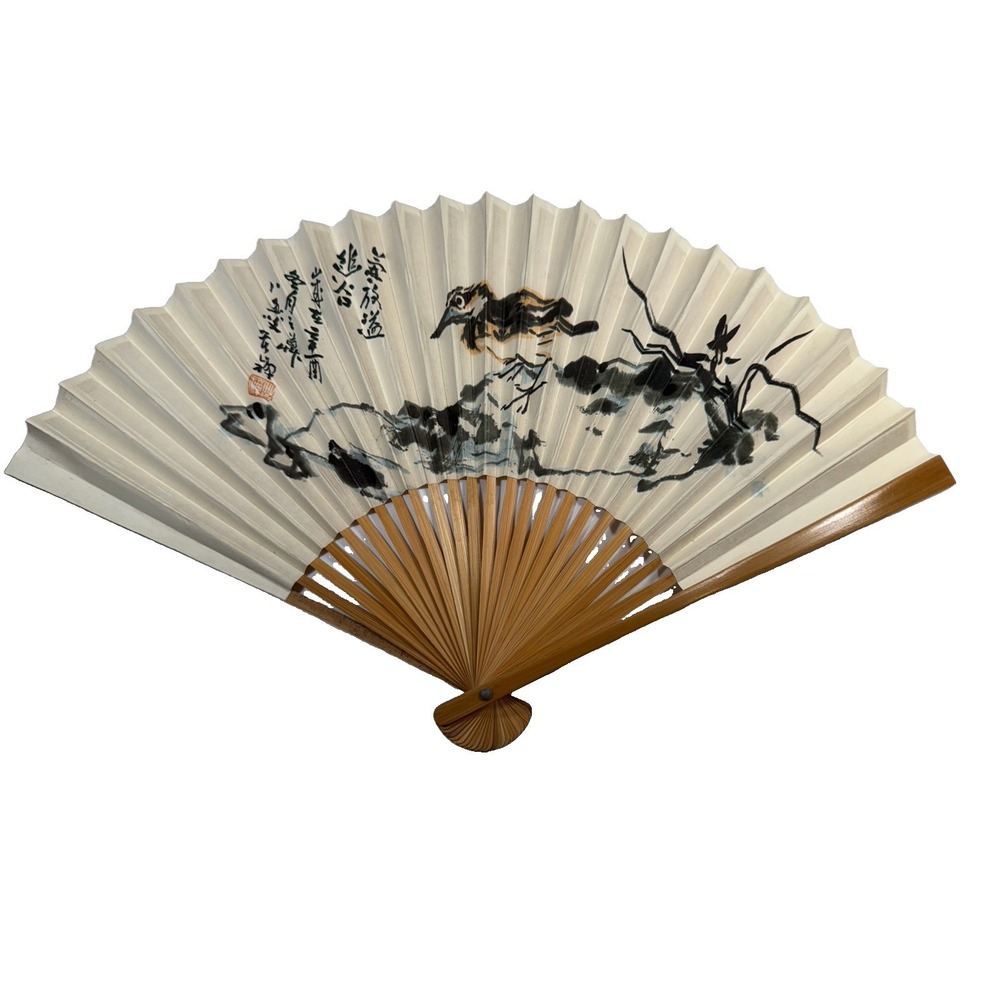 Vintage CAAC Chinese Aviation Folding Fan 16in Bamboo Hand Painted Bird